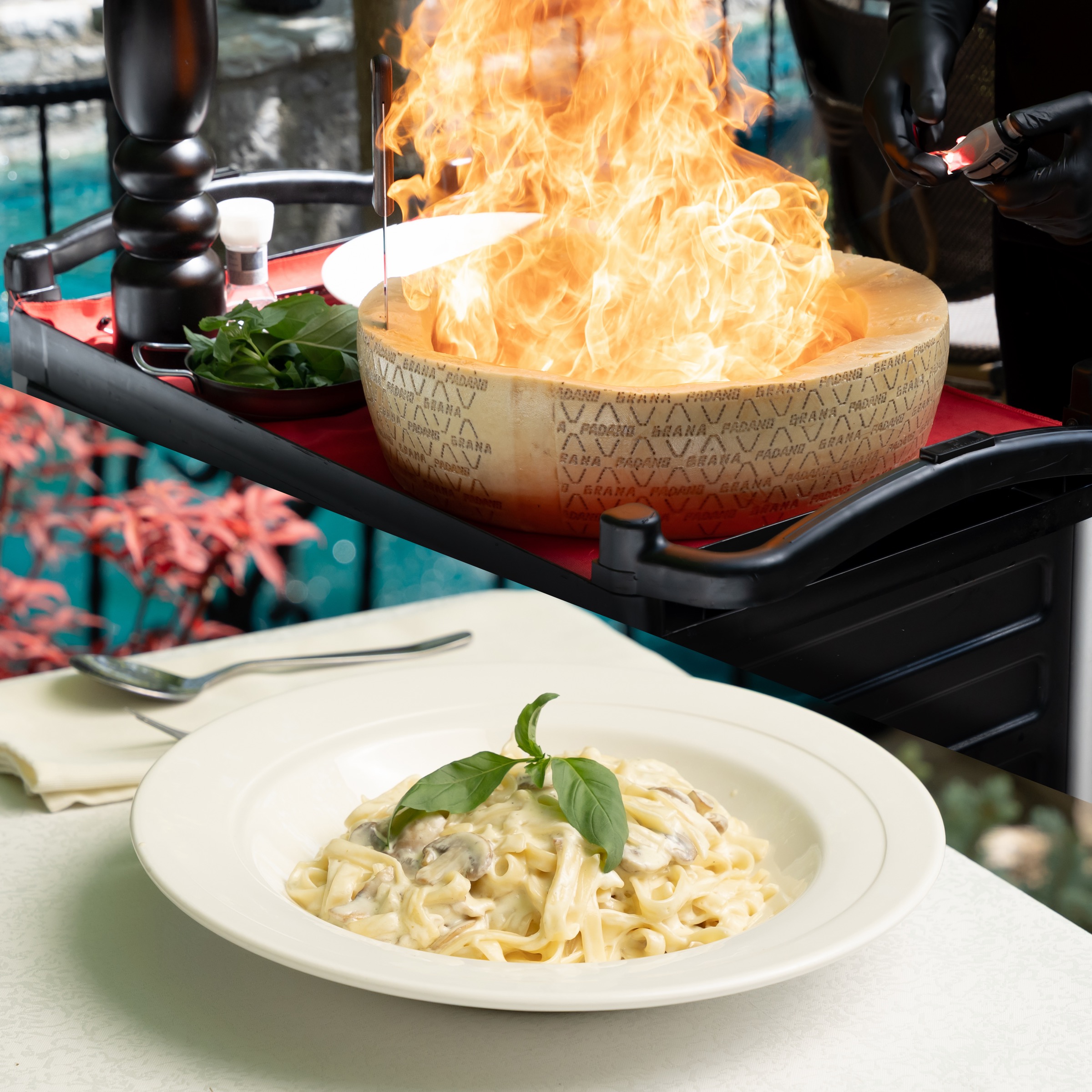 Pasta e përgatitur me flakë pranë tavolinës në Planet Resort